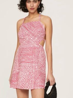 Ronny Kobo Collection Red & White Patterned Cutout Mini Dress